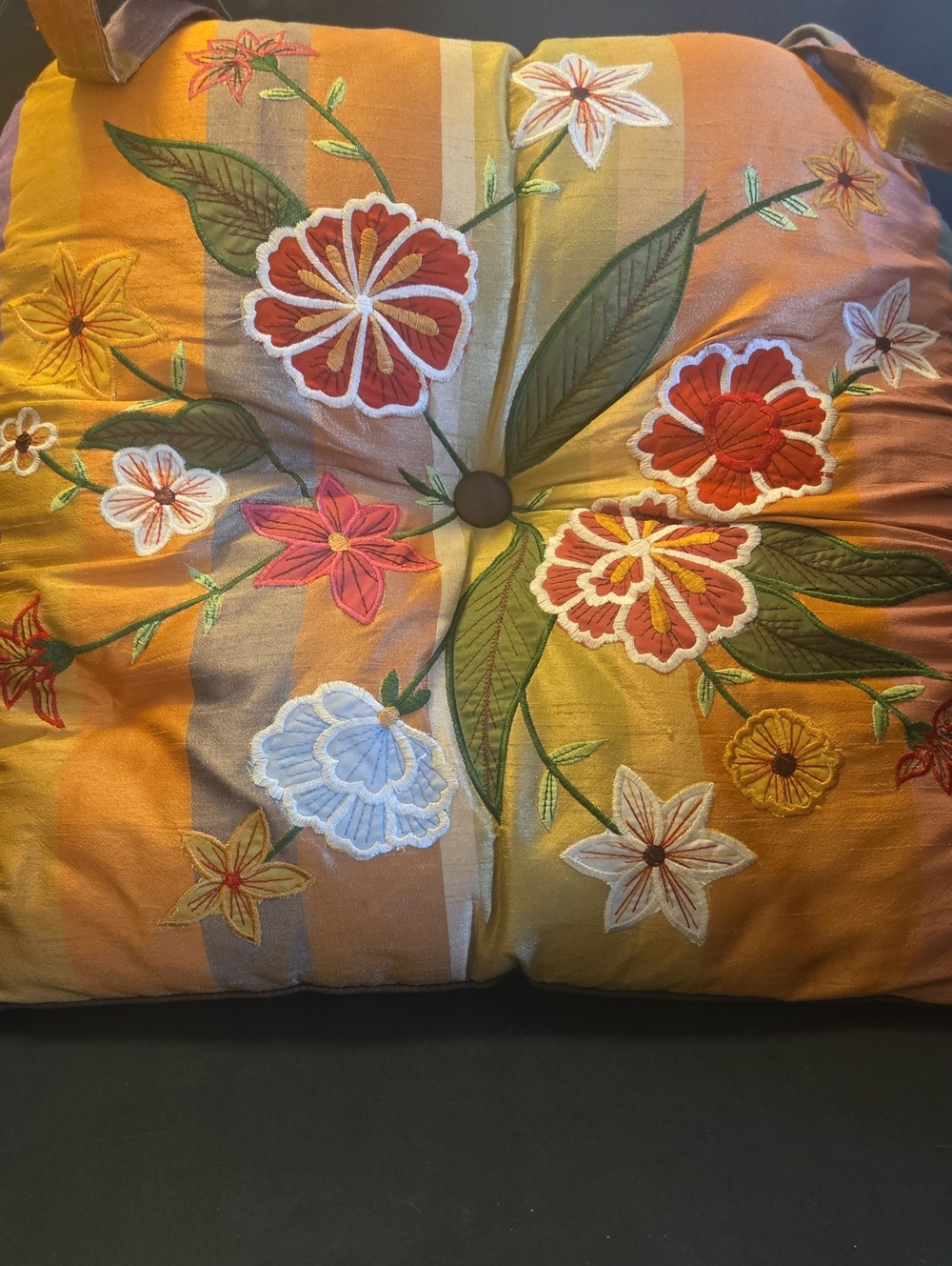 Pier 1 Embroidered Floral Accent Pillow in Gold and Orange. 100% Dupioni Silk.